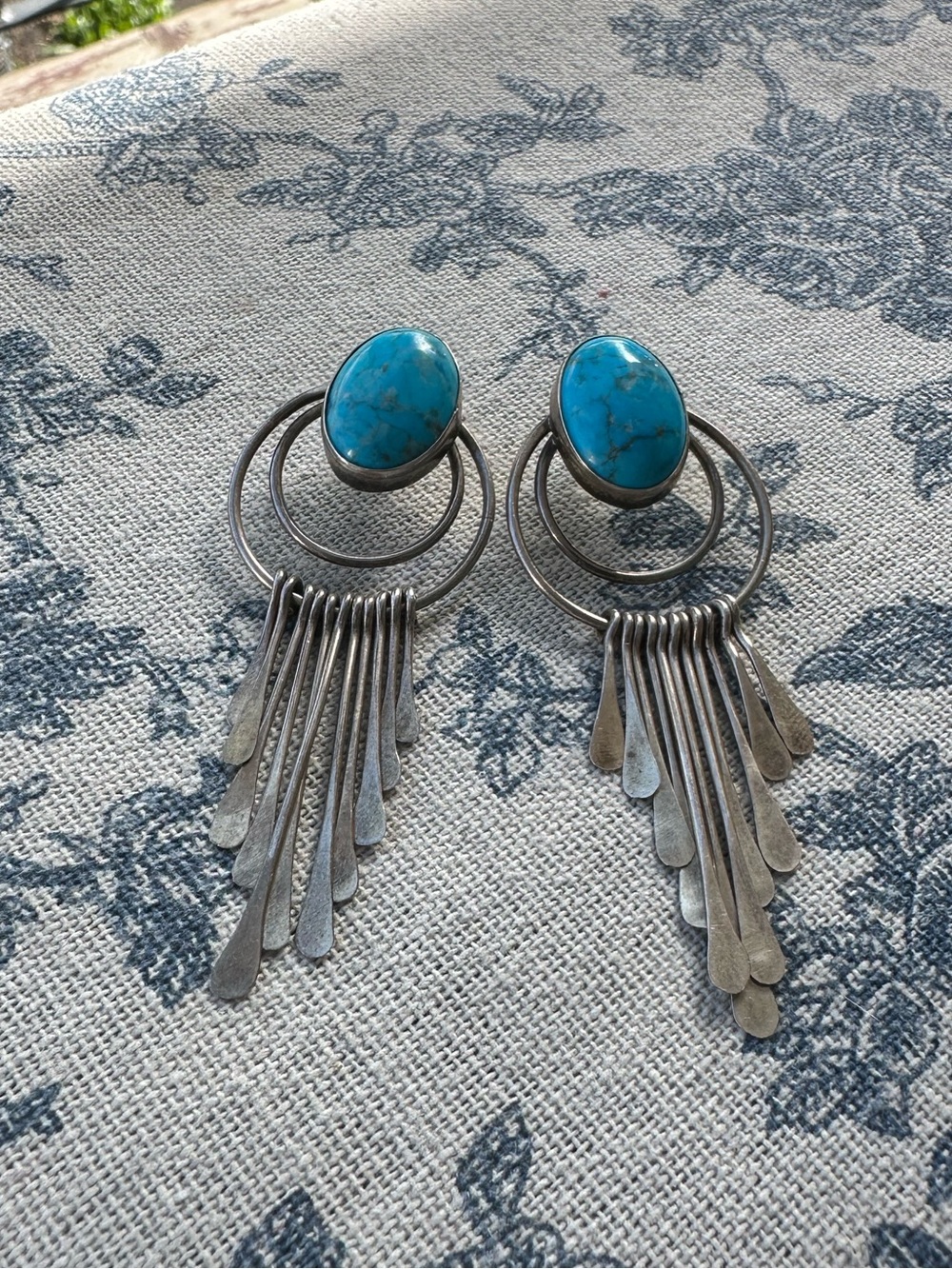 Vintage Turquoise Oval Fringe Drop Earrings - silver 925 - Picture 2 of 4